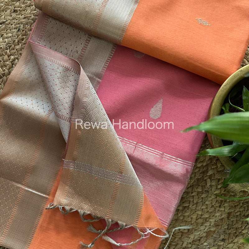 Maheshwari Peach-Baby Pink Silver Zari Buta-Buti Saree SBP14
