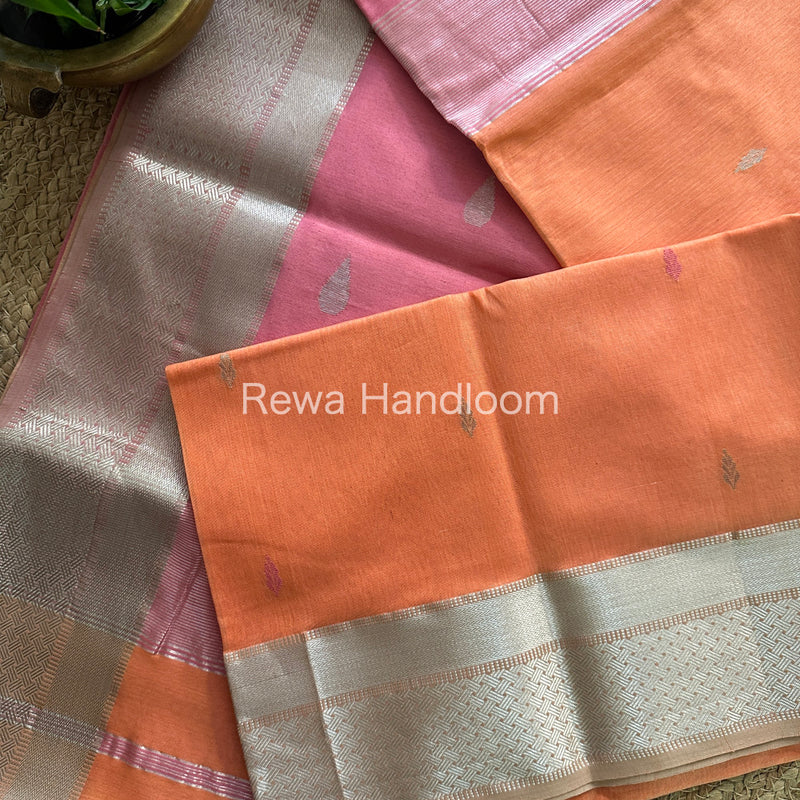 Maheshwari Peach-Baby Pink Silver Zari Buta-Buti Saree SBP14