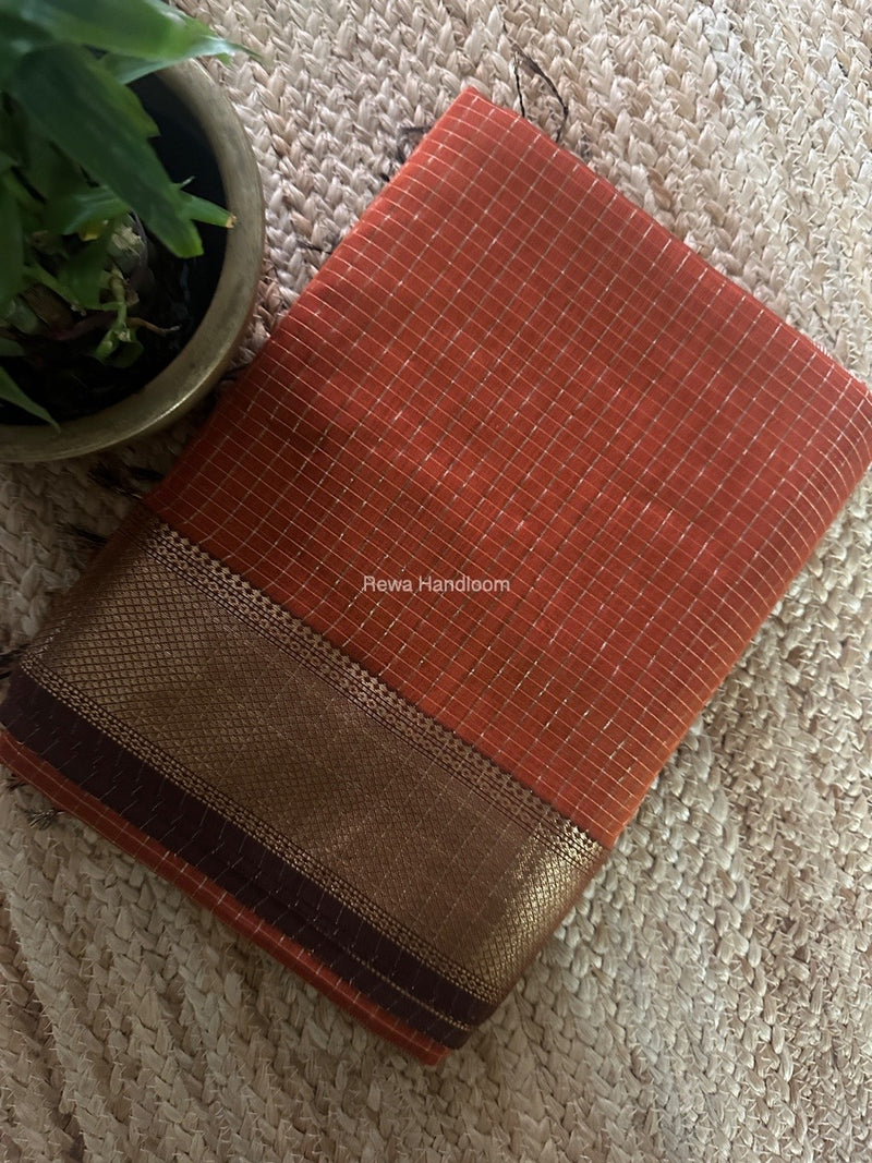 Maheshwari Rust Orange Zari Checks Saree ZCHX369