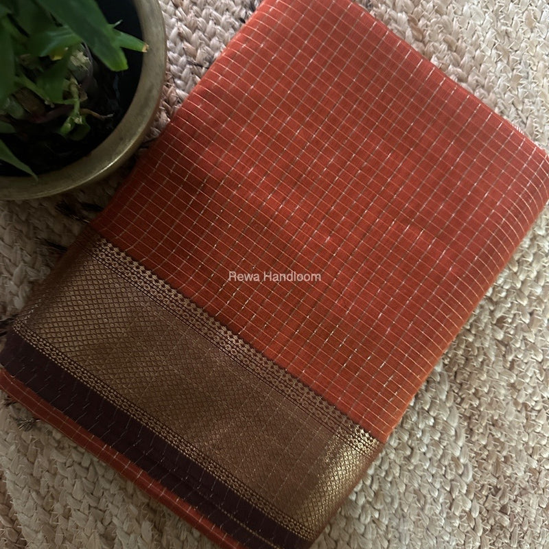 Maheshwari Rust Orange Zari Checks Saree ZCHX369