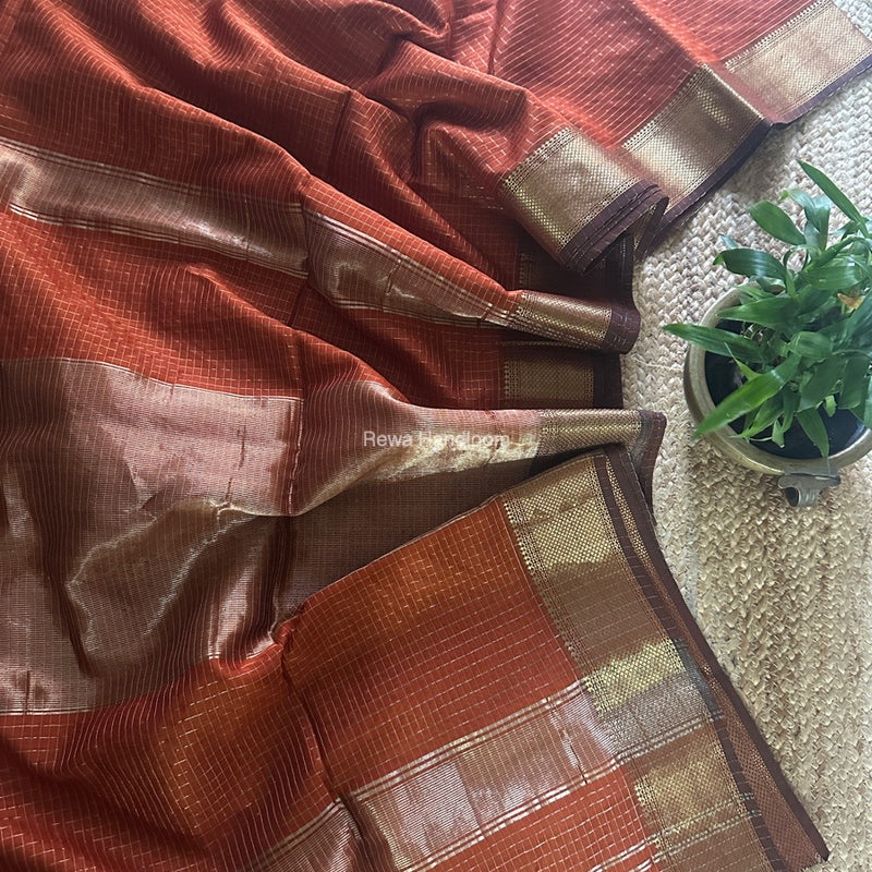 Maheshwari Rust Orange Zari Checks Saree ZCHX369