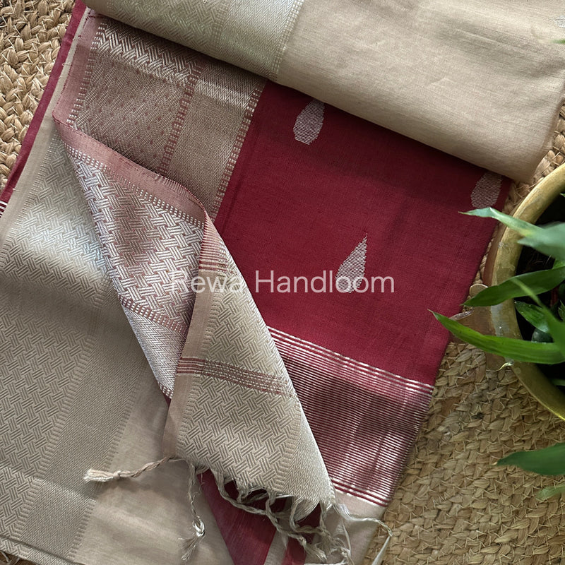 Maheshwari Beige Silver Zari Buta-Buti Saree SBP18