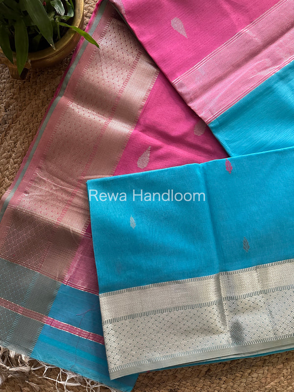 Maheshwari Sky Blue-PInk Silver Zari Buta-Buti Saree SBP20
