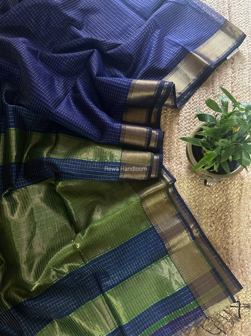 Maheshwari Blue Zari Checks Saree ZCHX372