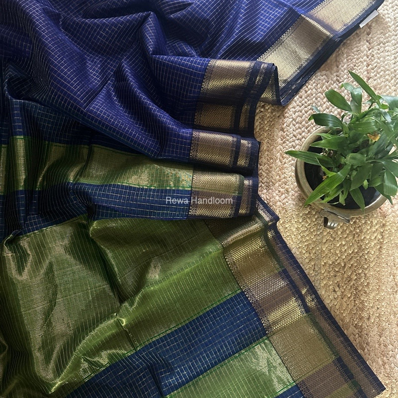 Maheshwari Blue Zari Checks Saree ZCHX372