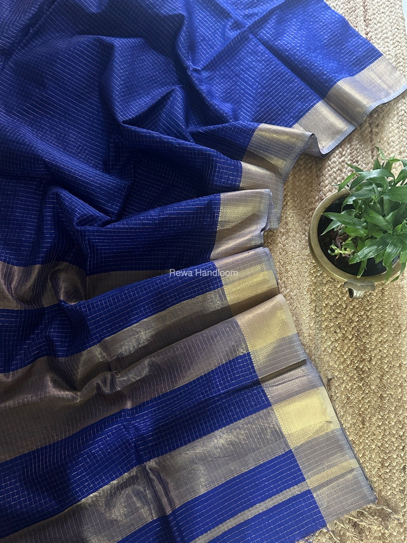 Maheshwari Blue Zari Checks Saree ZCHX375