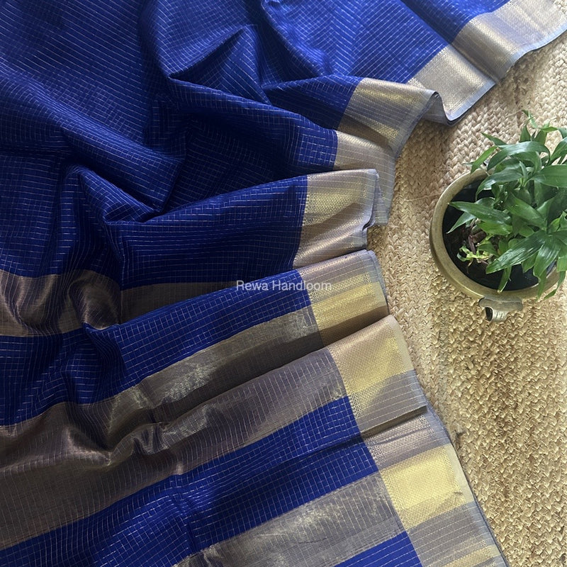 Maheshwari Blue Zari Checks Saree ZCHX375