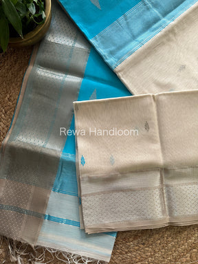 Maheshwari White Sky Blue Silver Zari Butti Buta Saree-SBP22