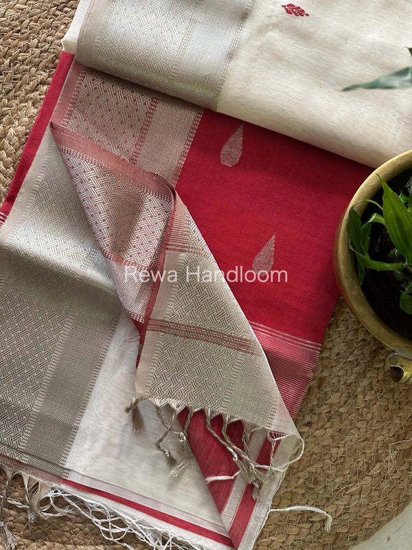 Maheshwari White Red Silver Zari Buta-Buti Saree SBP51