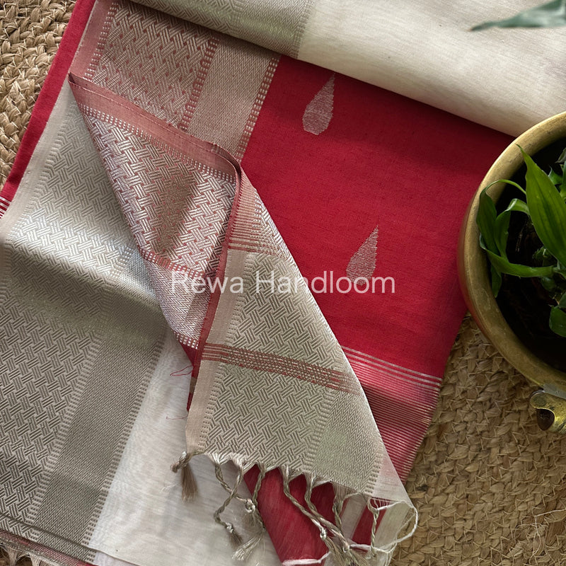 Maheshwari White Red Silver Zari Buta-Buti Saree SBP51