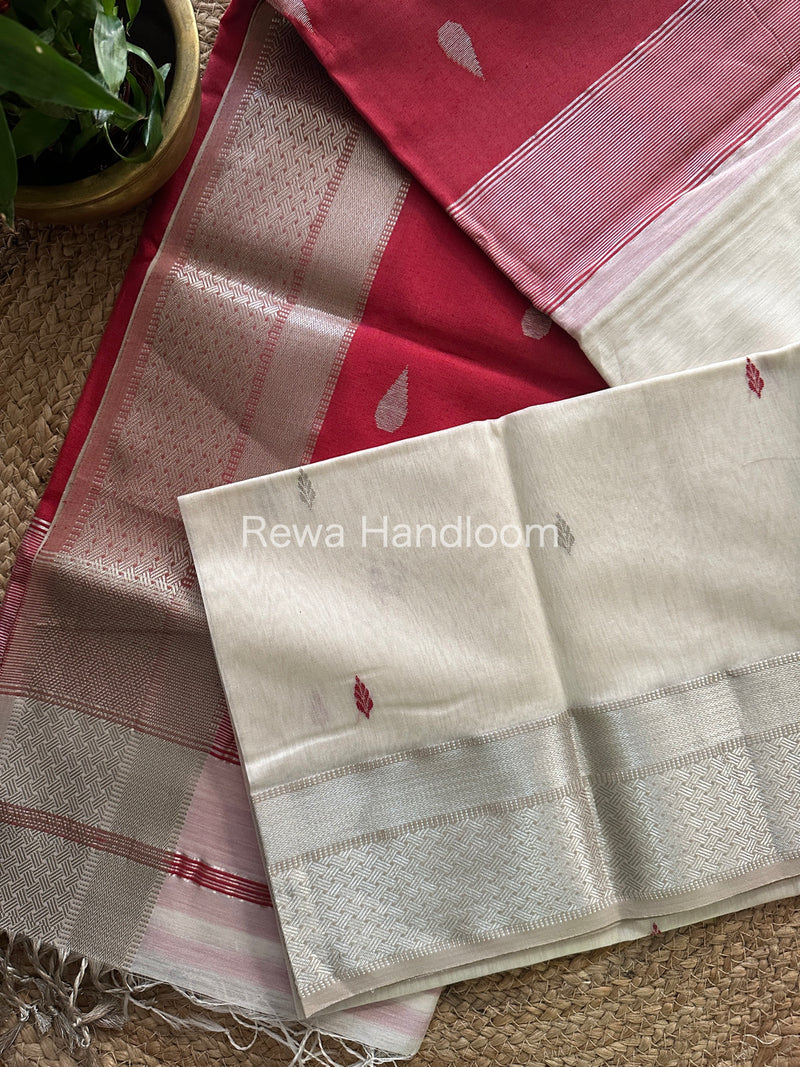 Maheshwari White Red Silver Zari Buta-Buti Saree SBP51