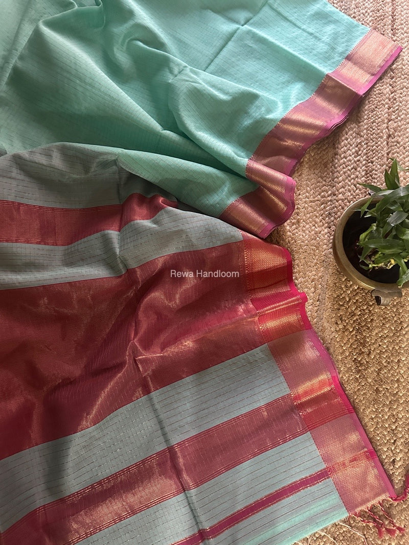 Maheshwari Mint Green Zari Checks Saree ZCHX376