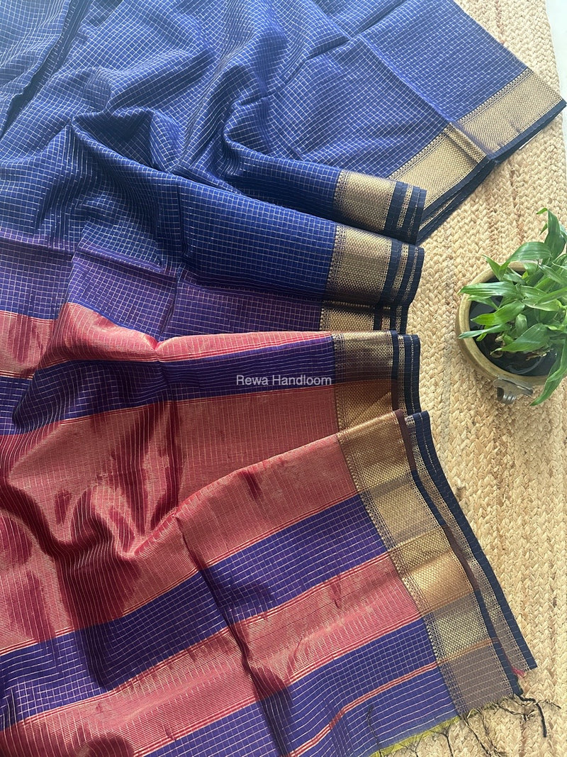 Maheshwari Blue Zari Checks Saree ZCHX403