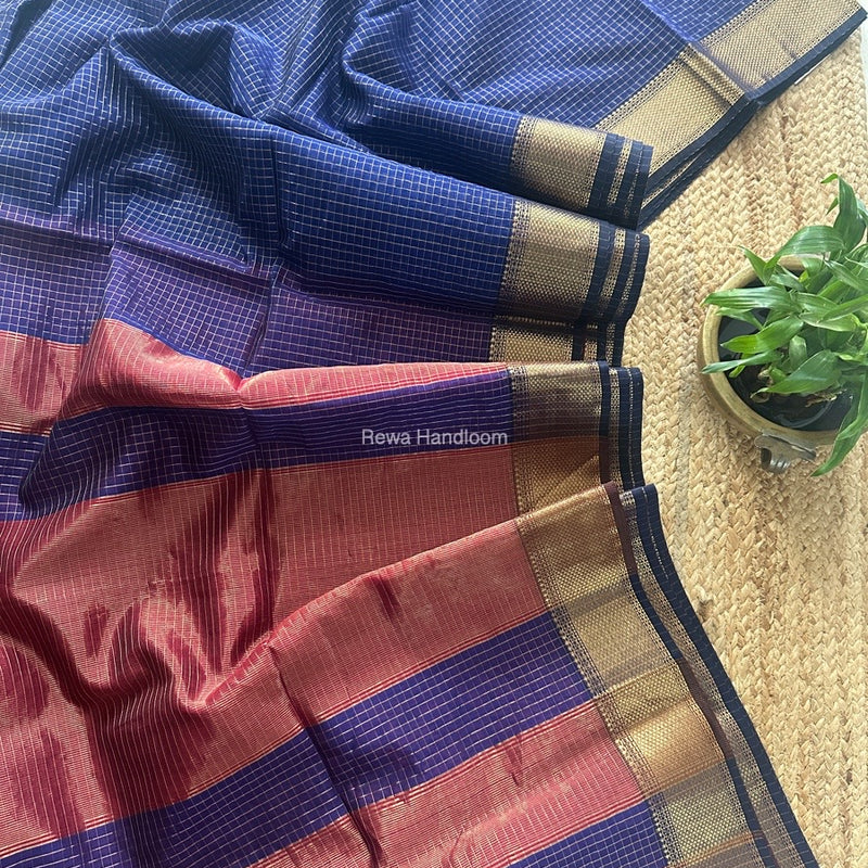 Maheshwari Blue Zari Checks Saree ZCHX403
