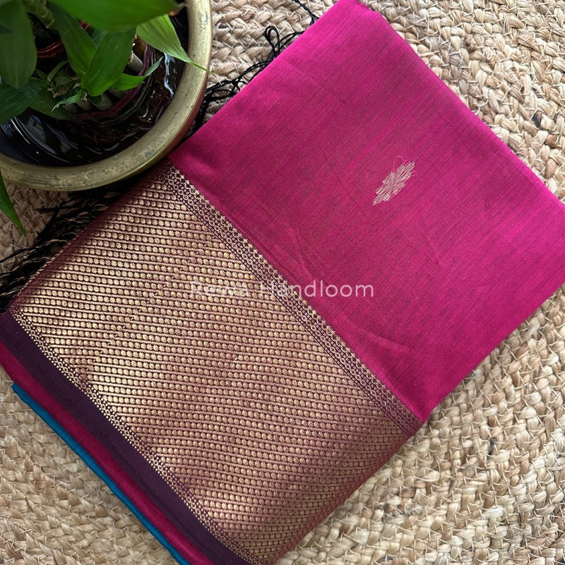 Magenta Lotus Butta Zari Border Maheshwari Saree LBS02