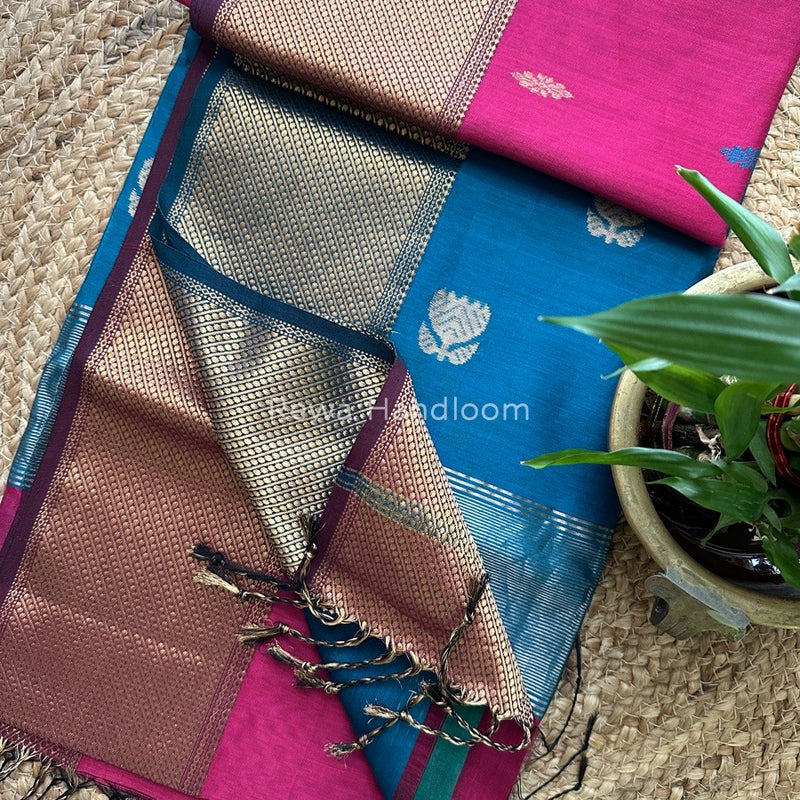 Lotus Butta Zari Border Maheshwari Saree