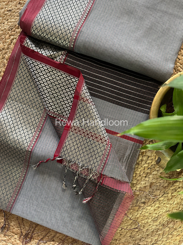 Maheshwari Grey Tissue Silk Saree-SPS06