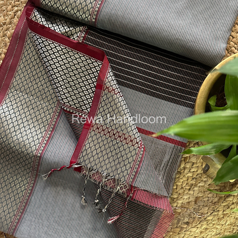 Maheshwari Grey Tissue Silk Saree-SPS06
