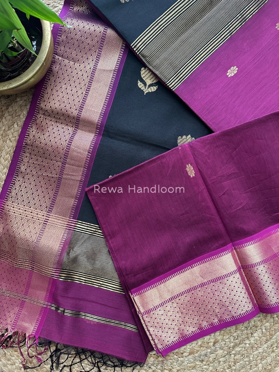 magenta Lotus Butta Zari Border Maheshwari Saree LBS08