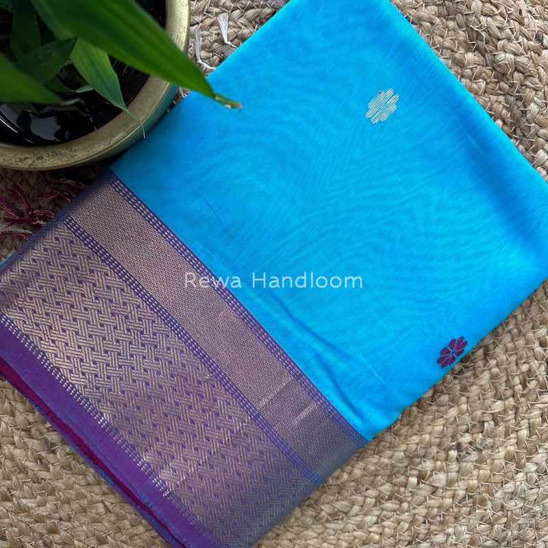 Sky Blue Lotus Butta Zari Border Maheshwari Saree LBS04