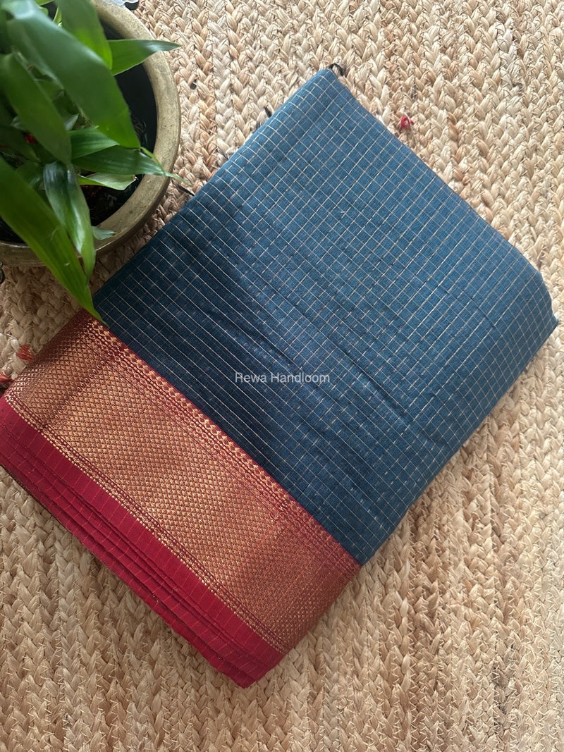 Maheshwari Teal Blue Zari Checks Saree ZCHX407