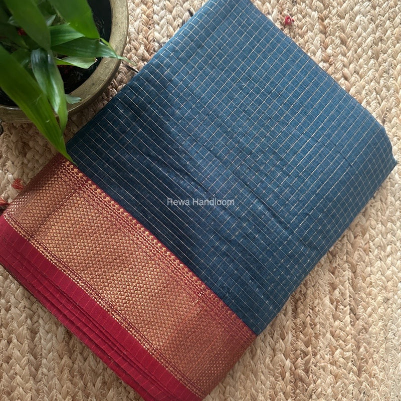 Maheshwari Teal Blue Zari Checks Saree ZCHX407