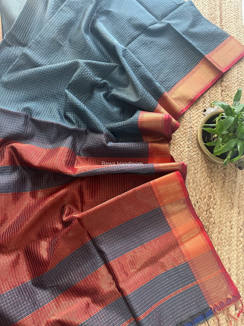 Maheshwari Teal Blue Zari Checks Saree ZCHX407