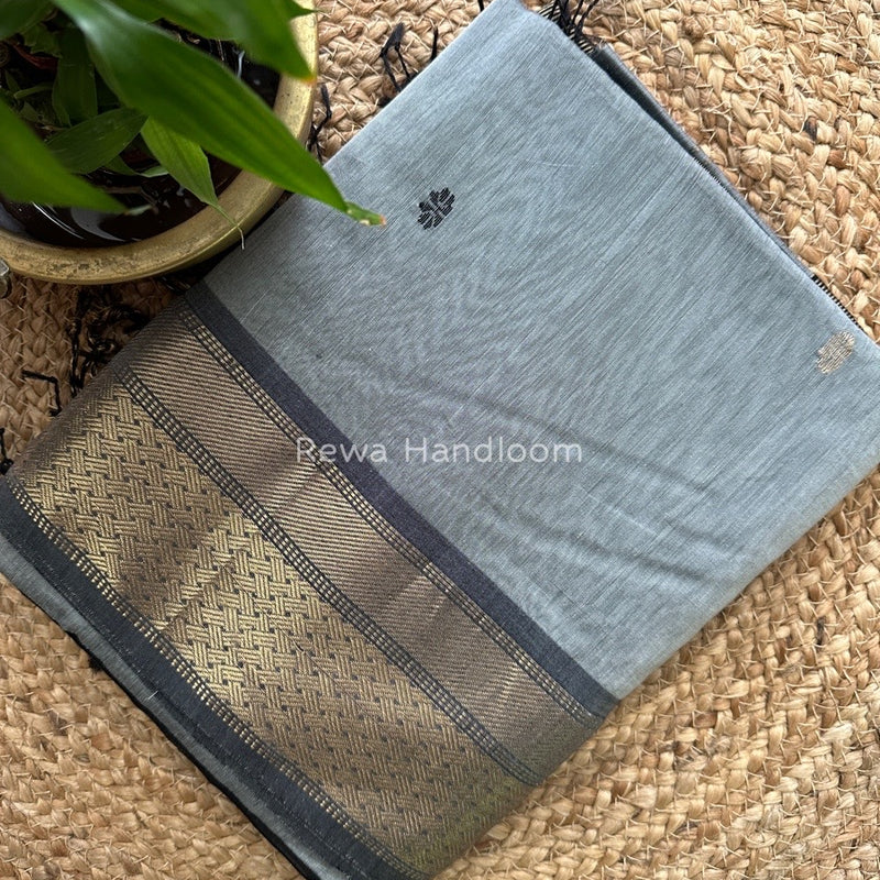 Grey Lotus Butta Zari Border Maheshwari Saree LBS05