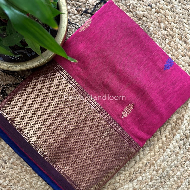 Magenta Lotus Butta Zari Border Maheshwari Saree LBS06