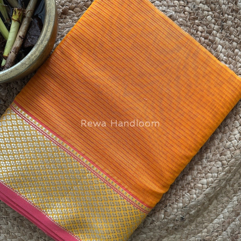 Exclusive Maheswari Orange Silver Tissue Saree SC09
