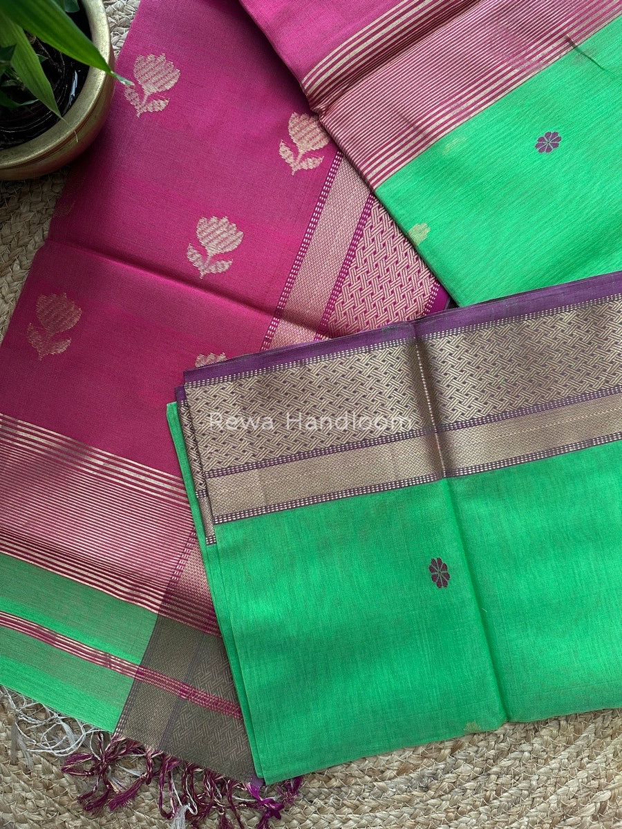 Parrot Green Lotus Butta Zari Border Maheshwari Saree LBS01