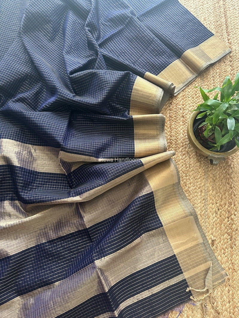 Maheshwari Ink Blue Zari Checks Saree ZCHX410