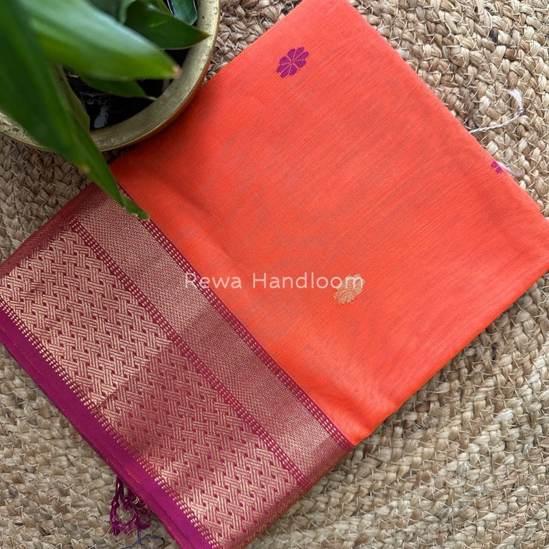 Fuchsia  Lotus Butta Zari Border Maheshwari Saree LBS07