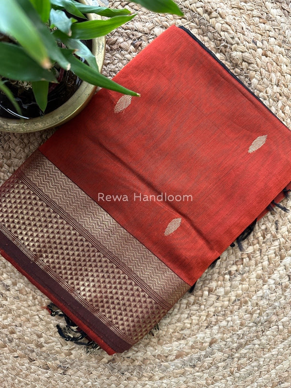 Rust Red Butta Zari Border Maheshwari Saree LBS010
