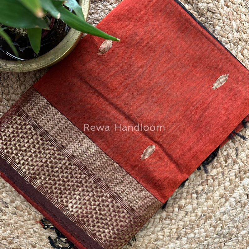 Rust Red Butta Zari Border Maheshwari Saree LBS010