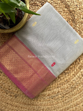 Gray Lotus Butta Zari Border Maheshwari Saree LBS09