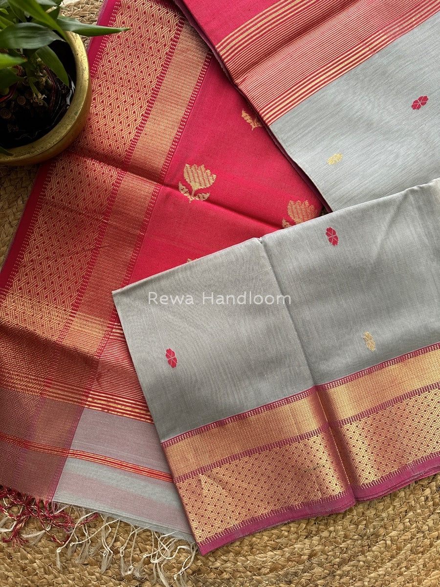 Gray Lotus Butta Zari Border Maheshwari Saree LBS09