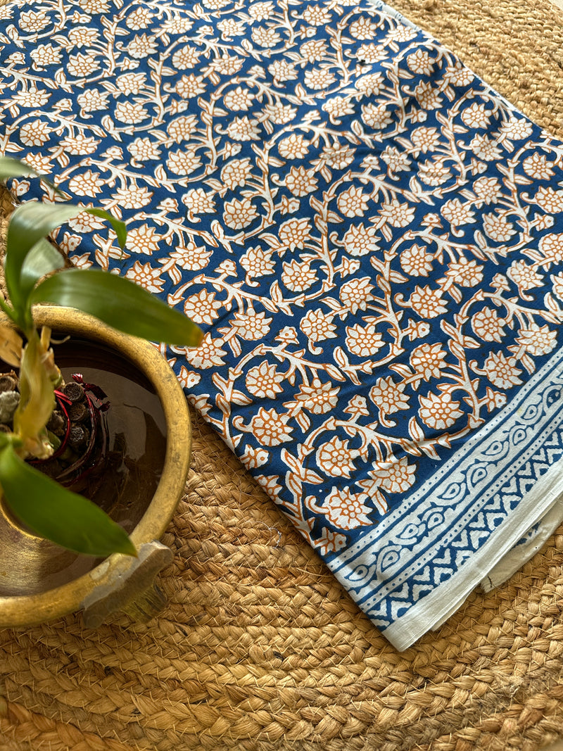 White-Blue Bagh Print Cotton Suit-BCS02