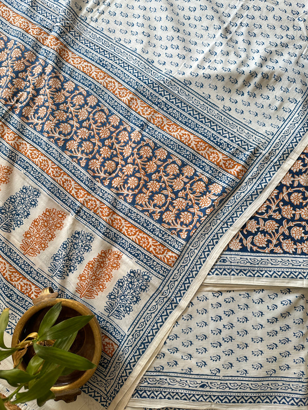 White-Blue Bagh Print Cotton Suit-BCS02