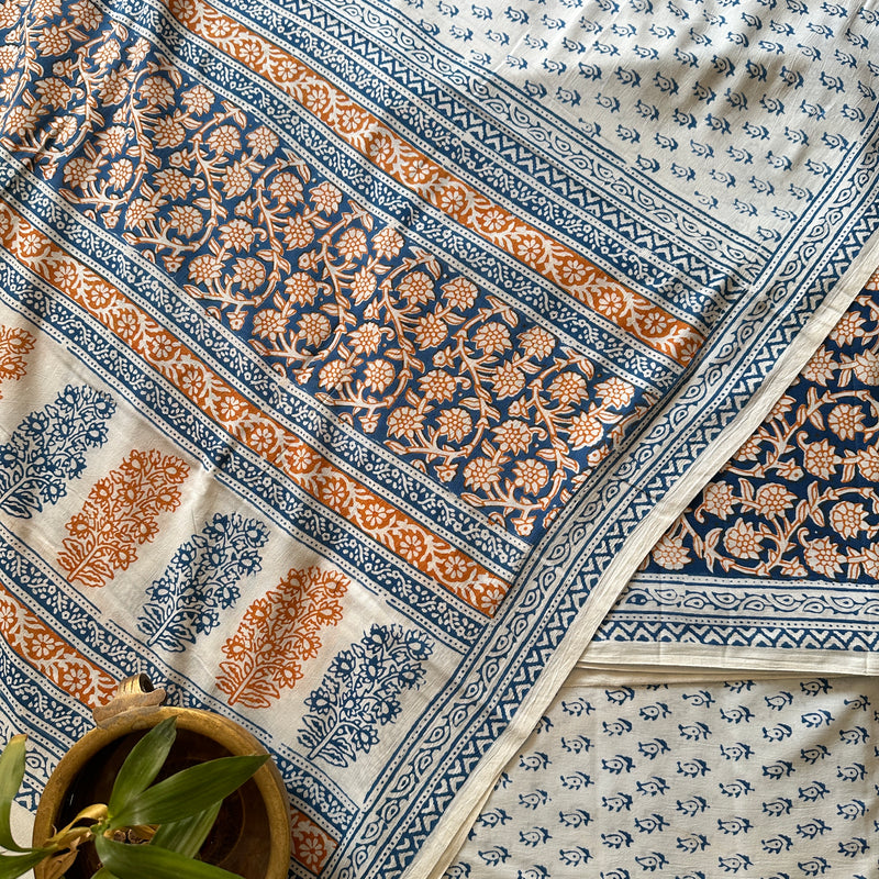 White-Blue Bagh Print Cotton Suit-BCS02