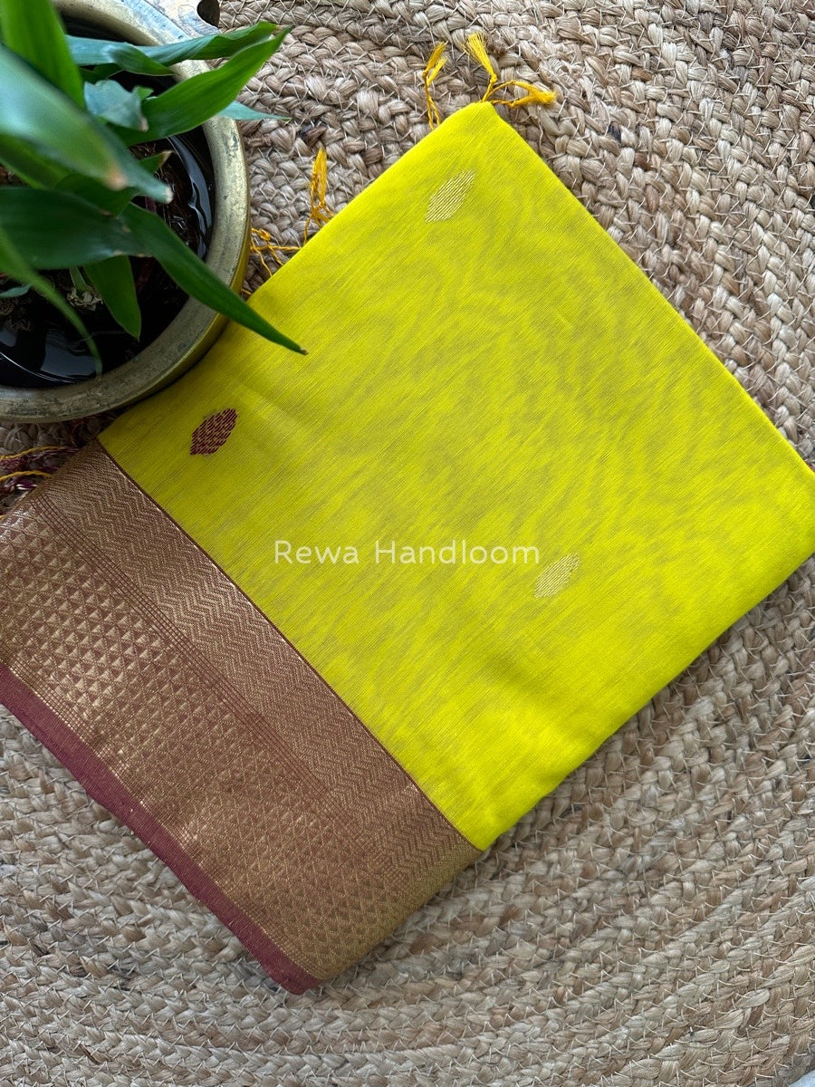 Yellow Butta Zari Border Maheshwari Saree LBS014