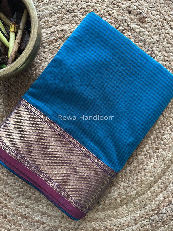 Exclusive Maheshwari 75% Silk Firozi Blue Saree SS030
