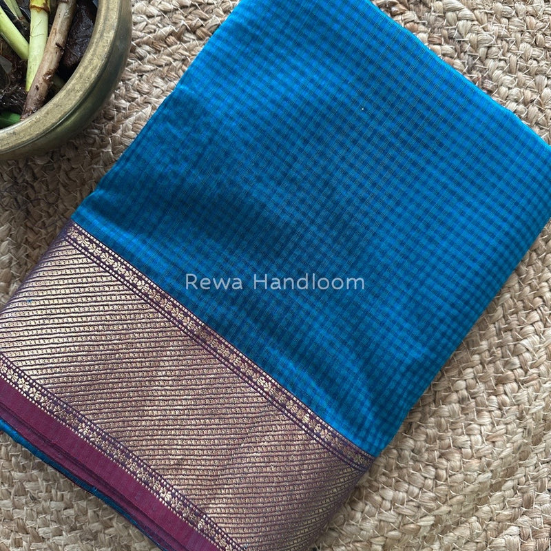 Exclusive Maheshwari 75% Silk Firozi Blue Saree SS030