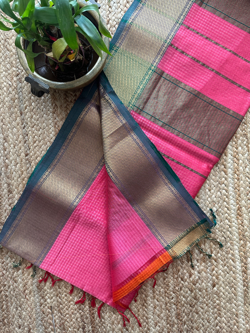 Exclusive Maheshwari 75% Silk Fuchsia Pink Saree SS041