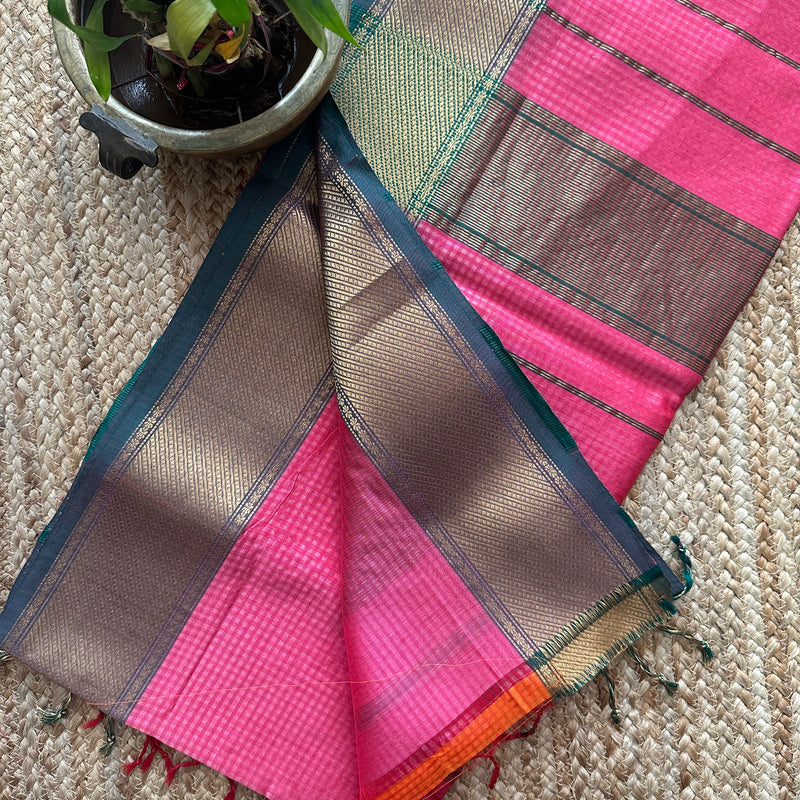 Exclusive Maheshwari 75% Silk Fuchsia Pink Saree SS041