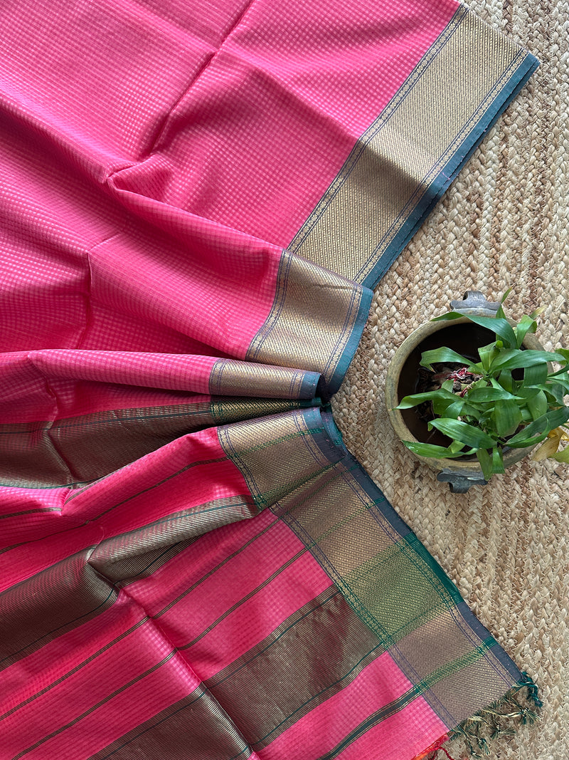 Exclusive Maheshwari 75% Silk Fuchsia Pink Saree SS041