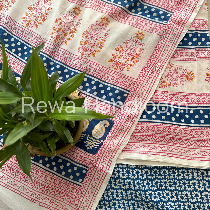 White-Blue Indigo Bagh Print Suit- BCI08