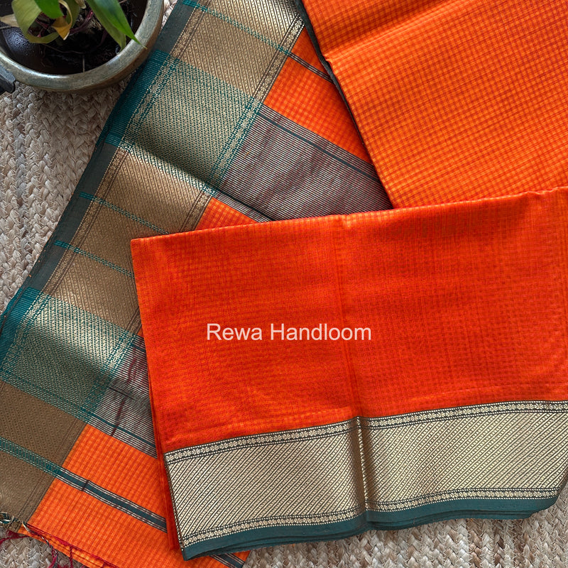 Exclusive Maheshwari 75% Silk Orange Saree SS043