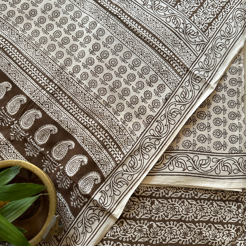 White-Brown Bagh Print Cotton Suit-BCS03