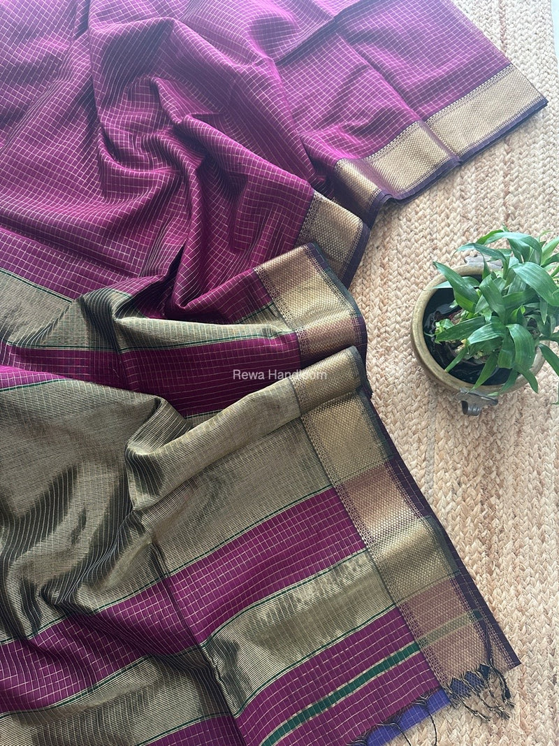 Maheshwari Dark Magenta Zari Checks Saree ZCHX417